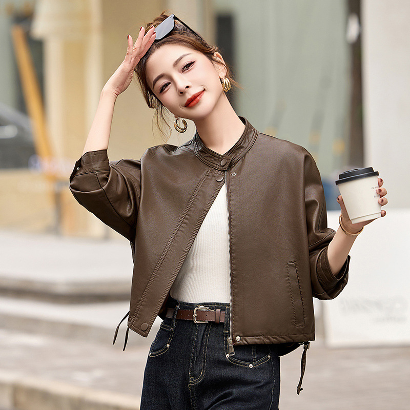 Women's Spring and Autumn Loose Casual Leather Jacket with a Stylish Stand-Up Collar Pu Leather Coat Xg9961