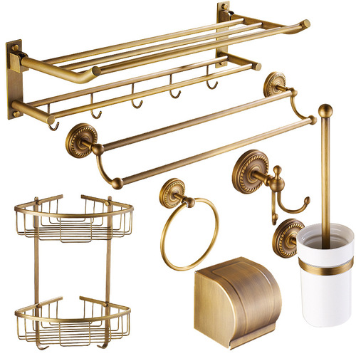 Factory Direct Selling Full Copper European Style Antique Towel Rack and Shelf Bathroom Towel Rack Bathroom Hooks Set