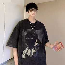 美式街头风短袖t恤男宽松港风百搭夏季半袖衣服潮牌ins五分袖体恤