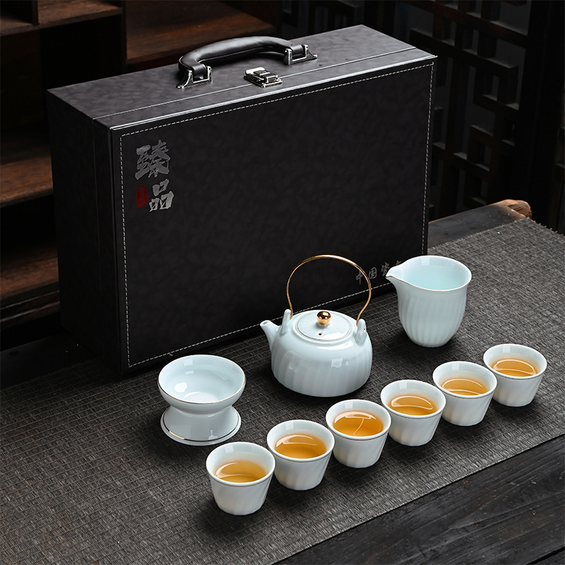 ギフト工夫茶器セット卸売り家庭用ロゴ蓋碗提梁壺開業徳化陶磁器茶器セット|undefined