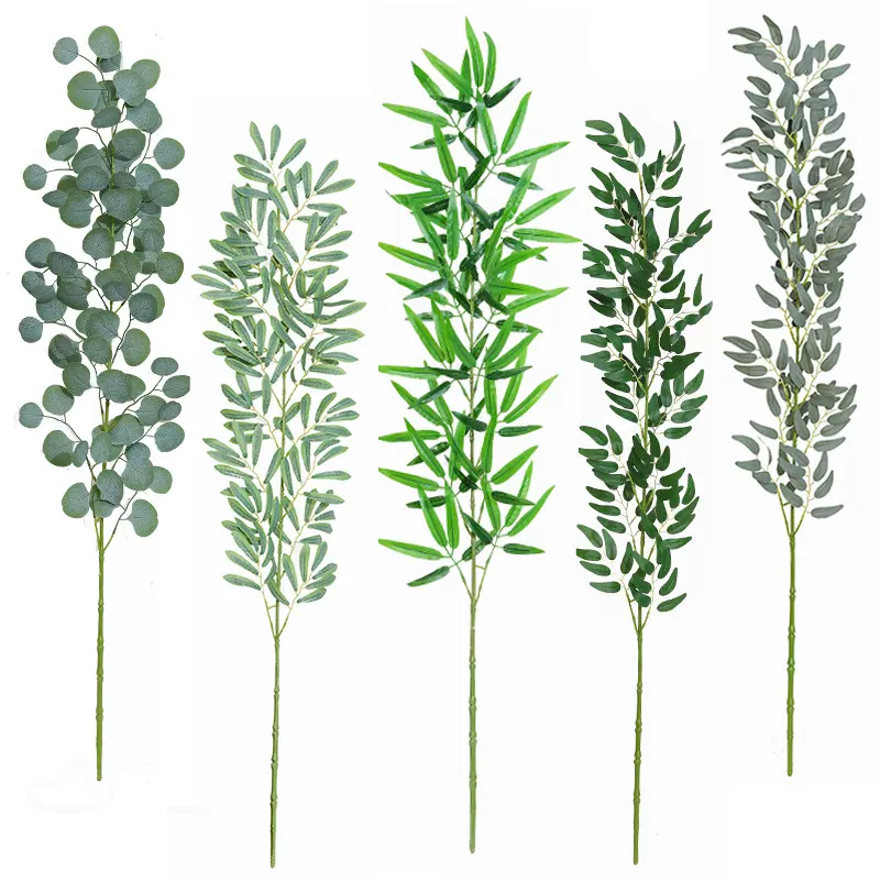亚马逊仿真绿植竹叶 插花装饰人造春色植物单支长杆桉树叶单支