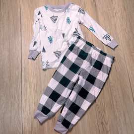 跨境亚马逊热卖童装圣帕特里克节三叶草四叶草印花格子拼接三件