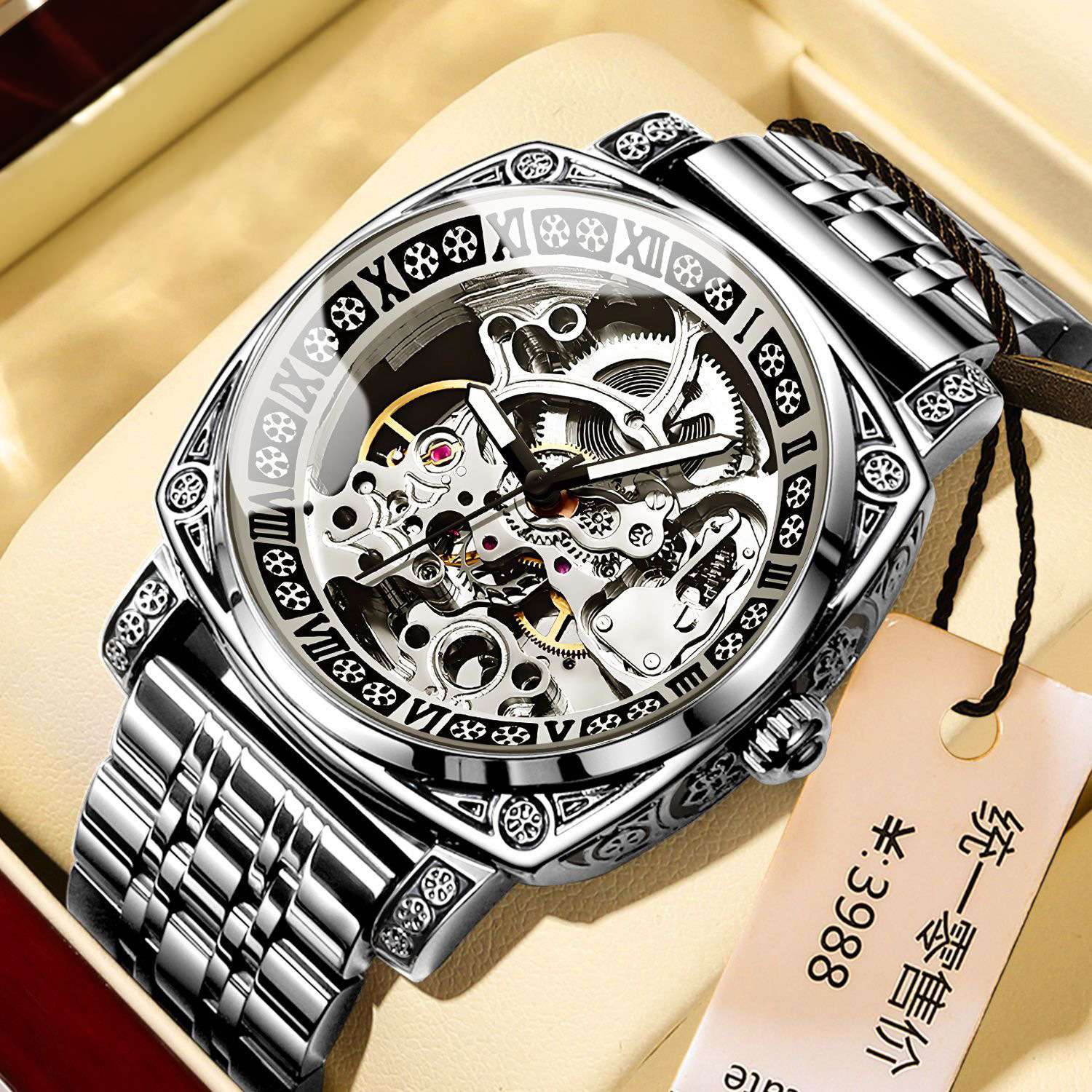 Binbond Binbang Watch Men's Fully Automatic Mechanical Watch Luminous Cut Out Fashion Leather Sports Men's Watch