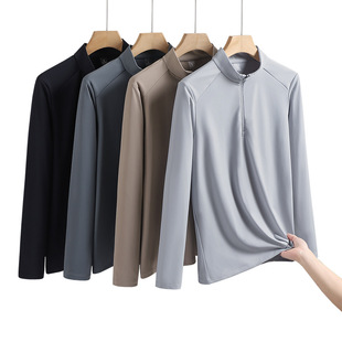 New 25 early spring men's stand collar half zipper nylon high elastic long sleeve T-shirt with outdoor sports top