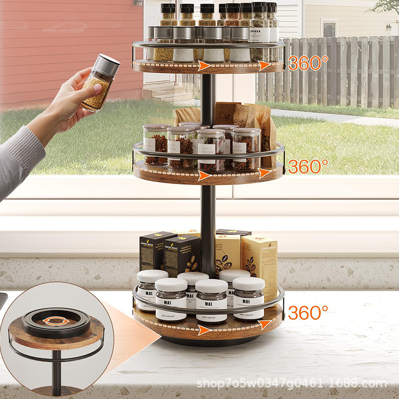 Wooden Three-Layer Rotatable Storage Rack Kitchen Spice Rack Bar Coffee Drink Holder Bathroom Toiletries Rack