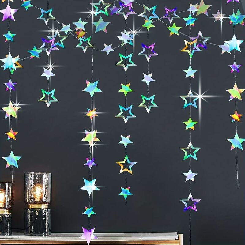 Laser silver iridescent pentagram hollow star garland pendant in stock for decoration, suitable for various themed party settings Laser silver iridescent pentagram hollow star garland pendant in stock for decoration, suitable for various themed party settings