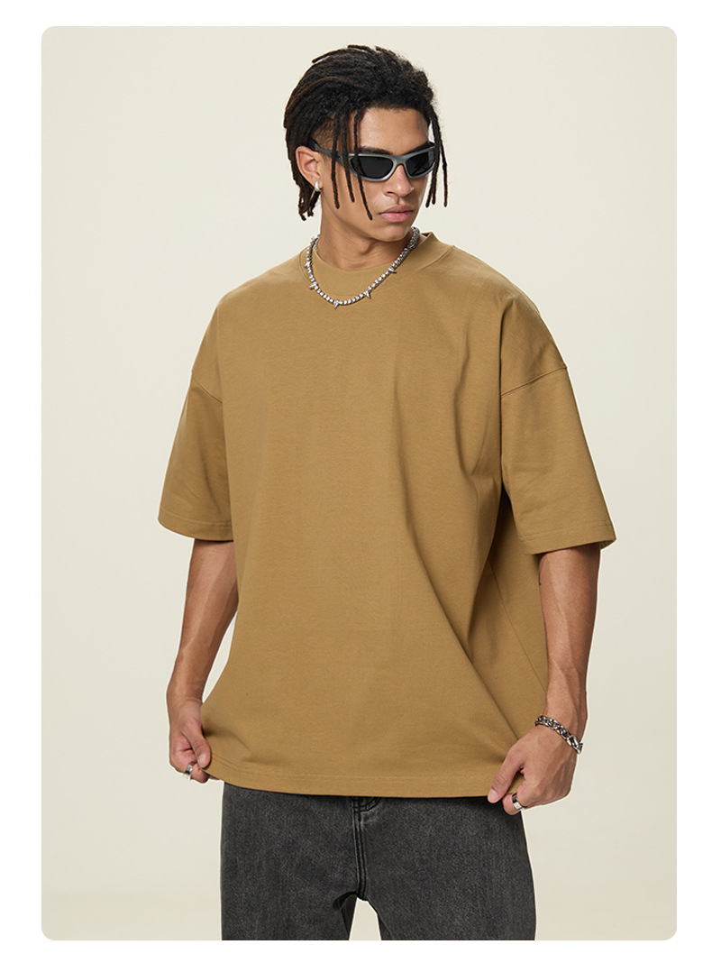 boy RS Fashion|New Cross-Border 350G Heavyweight Pure Cotton Short Sleeve FOG Earth Tone Drop Shoulder Men's T-Shirt_voghion.com