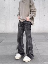美式潮流高街水洗做旧黑灰色牛仔裤男夏季潮牌宽松直筒风微喇裤子