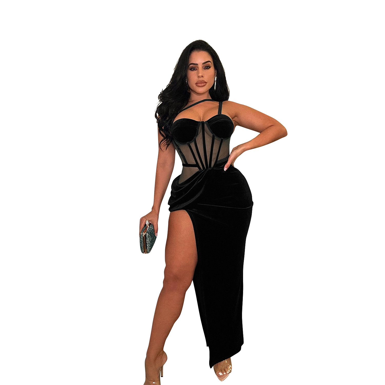 C6732 transfronteriza AliExpress Amazon Europa y América de las mujeres de moda de color sólido correa de malla vestido de la División