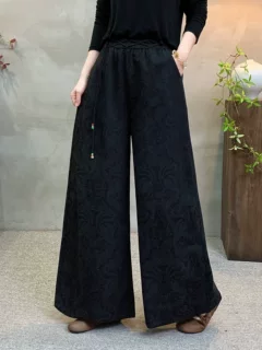 2026新款复古提花阔腿裤女松紧腰宽松垂感文艺民族风休闲长裤
