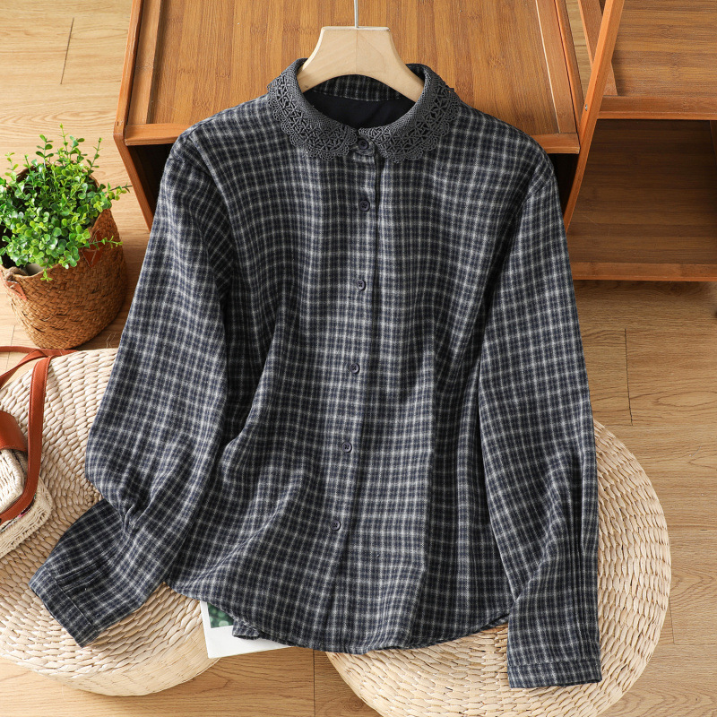 New loose-fitting, doll-collar plaid shirt for women, perfect for layering in spring and autumn; long-sleeved cardigan with an inner shirt New loose-fitting, doll-collar plaid shirt for women, perfect for layering in spring and autumn; long-sleeved cardigan with an inner shirt