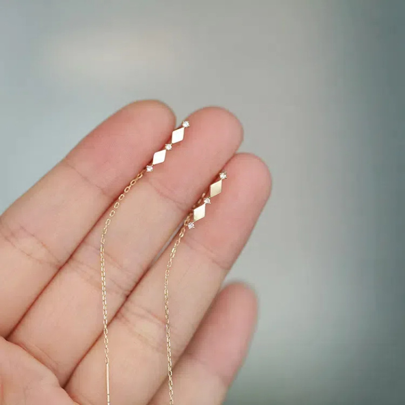 S925 plata esterlina 14k diamantes de oro retrógrado orejetas femeninas temperamento largo bordado cara delgada orejetas orejetas