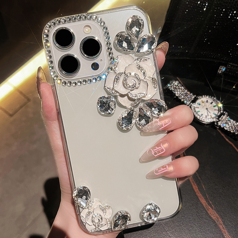 Light Luxury Rhinestone Camellia Phone Case Suitable for iPhone 17, Transparent Anti-Drop Protective Cover for Apple 16 Pro and 15 Max