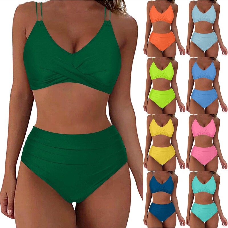 2025 New Split Swimsuit European and American Bikini Suit Women's High Waist Pure Color Printing Push-Up Om84