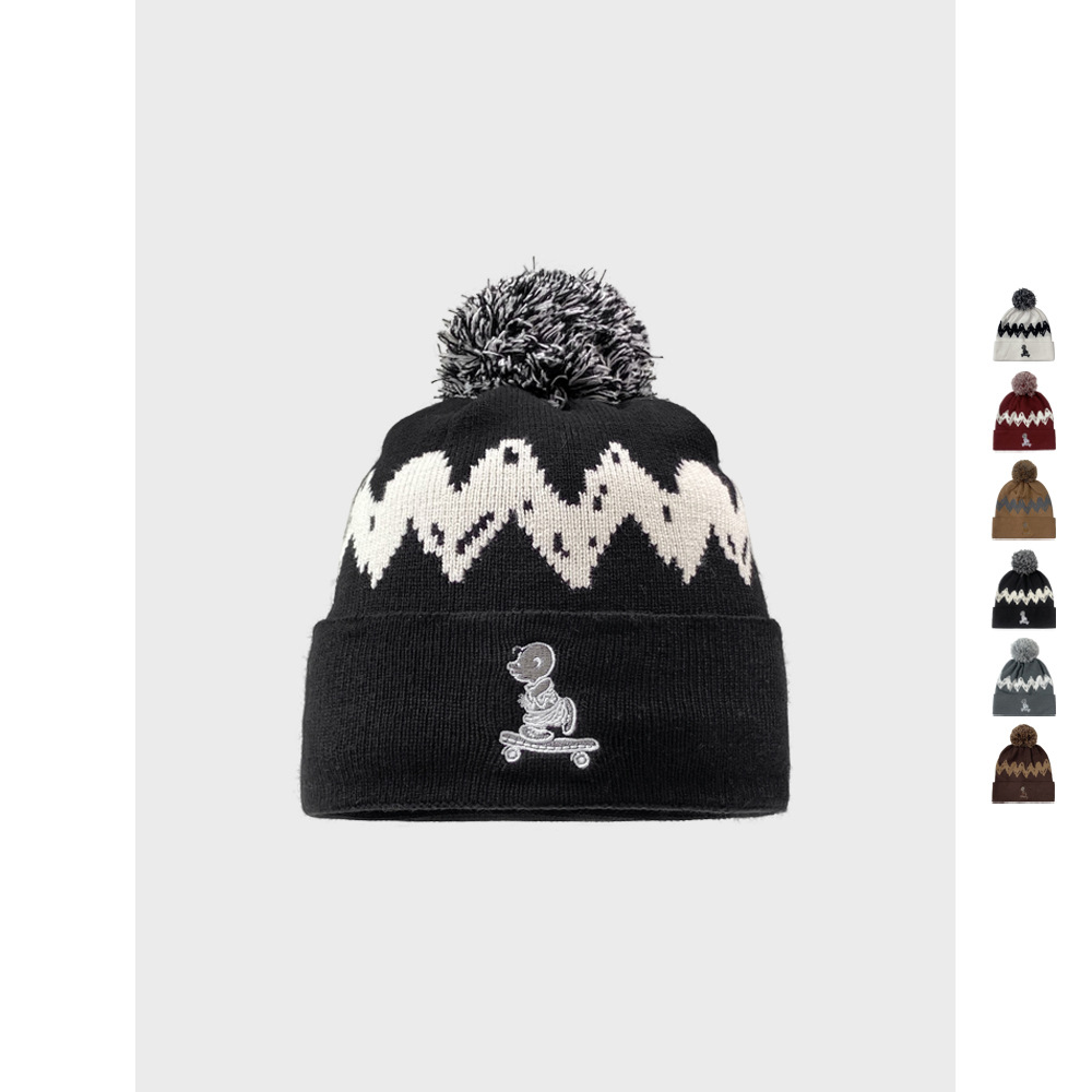 美式滑板刺绣小人针织帽男女户外街头提花秋冬保暖护耳毛线帽冷帽