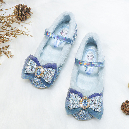 女童公主鞋加绒单鞋冬季新款小女孩平底鞋爱莎水晶鞋蓝色软底鞋子