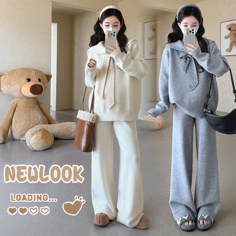 孕妇装秋套装2025新款孕妈法式穿搭翻领针织毛衣阔腿裤两件套秋季|undefined