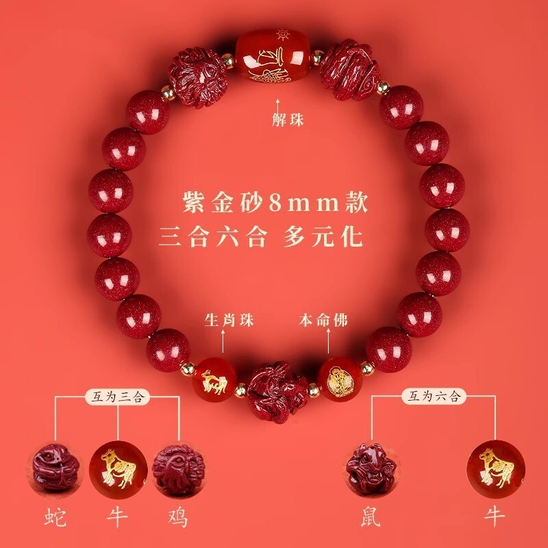 2026年新朱砂手串女鼠牛兔马本命年紫金砂手链男三合六合正品礼物|undefined