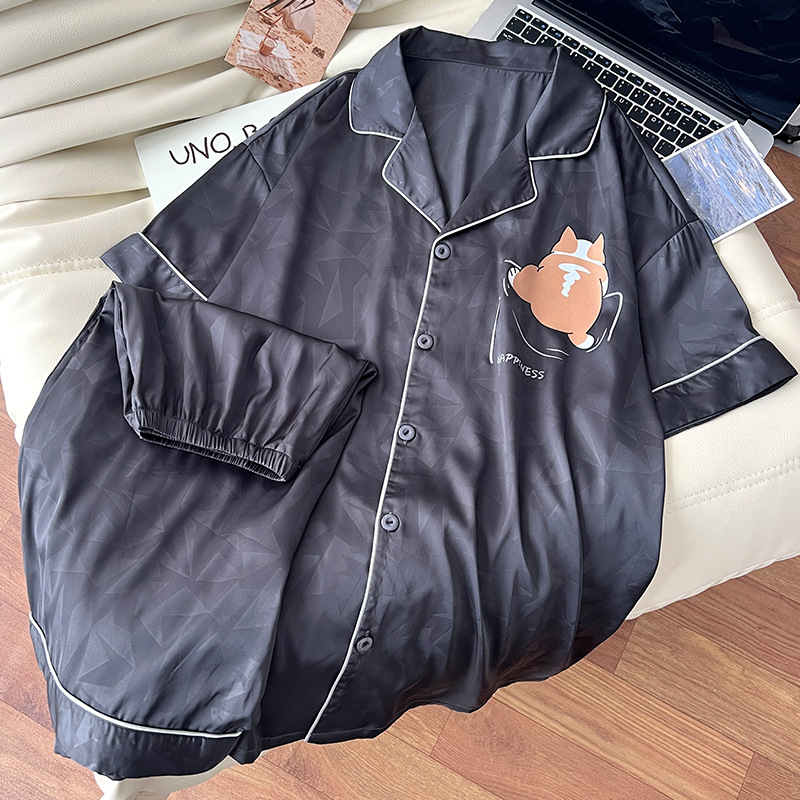 2025 New Summer Ice Silk Thin Pajamas for Men, Simple Casual Cartoon Short-Sleeved Home Wear Set That Can Be Worn Outside