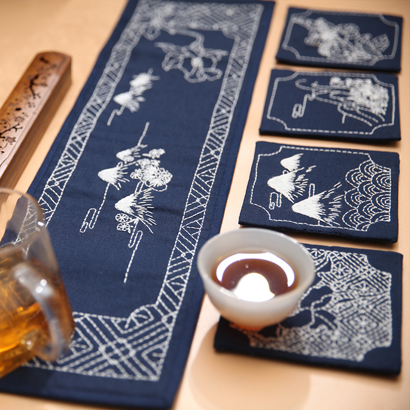 Bordado diy camelia estera de té estilo chino zen lu bordado hecho a mano diy estera de té de algodón y lino bordado tridimensional principiante bandera de té image 15