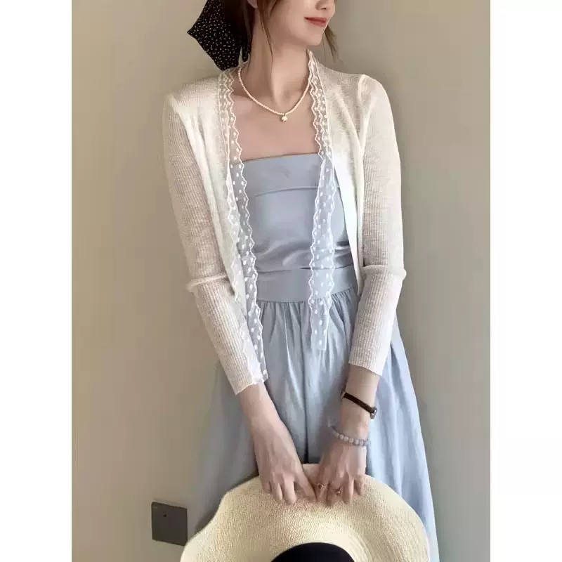 2025夏季新款温柔风拼接蕾丝边流苏系带长袖薄款针织衫外搭女