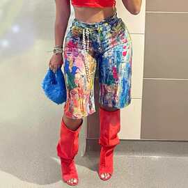 欧美跨境女装时尚街头涂鸦短裤女士休闲五分裤中裤夏速卖通亚马逊