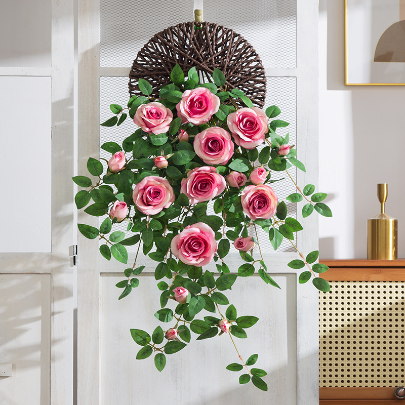 仿真花壁挂墙壁装饰花挂花吊花假花藤条高档仿生玫瑰花藤墙面遮挡