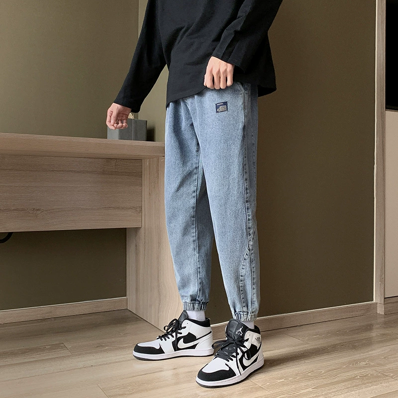 Молодежные осенне-зимние новые джинсы, мужские свободные брюки до щиколотки, корейские модные брендовые брюки, мужские