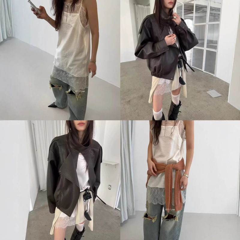 Korean Dongdaemun Lace-Trimmed Camisole Dress + No*Us Stand-Collar Leather Jacket Biker Cool Jacket