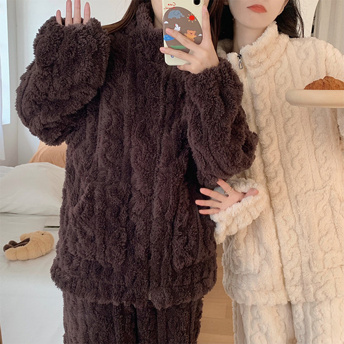 Pajamas women's winter coral velvet, thick velvet, velvet zipper, autumn and winter flannel can be worn outside, winter home wear set