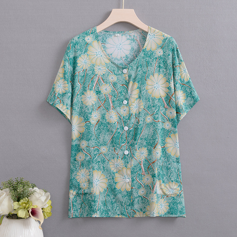 Middle-Aged and Elderly Women's Cardigan, Plus-Size Top, Loose Casual Cotton T-Shirt, Summer Short-Sleeve for Mom