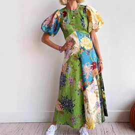 2026爆款欧美风拼色花卉印花度假风长裙泡泡袖收腰显瘦大摆连衣裙