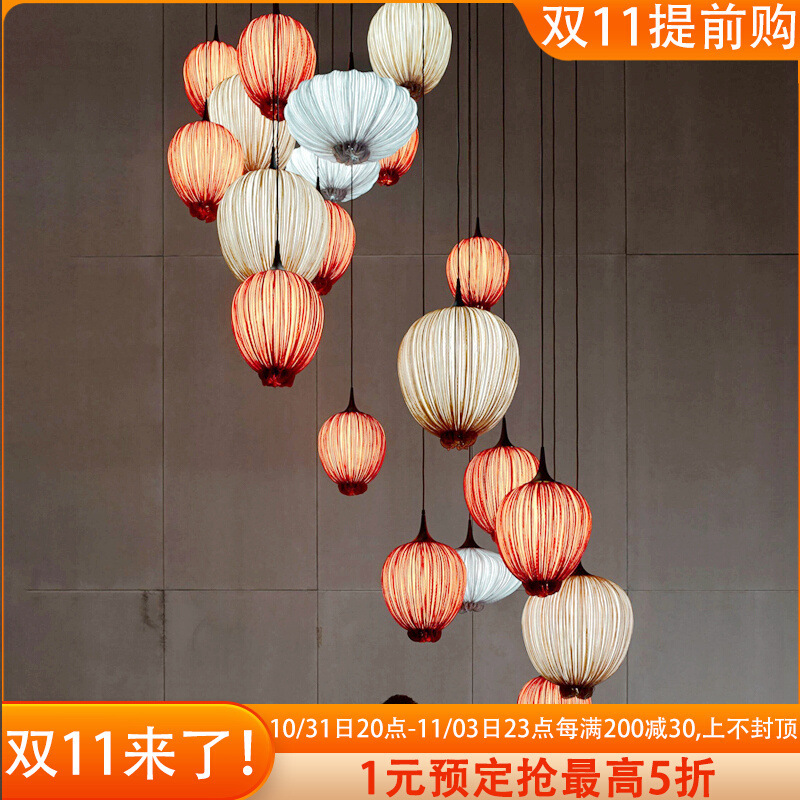 New Chinese creative modern dining room duplex living room Japanese bed & breakfast villa empty lantern loft stairs long chandelier