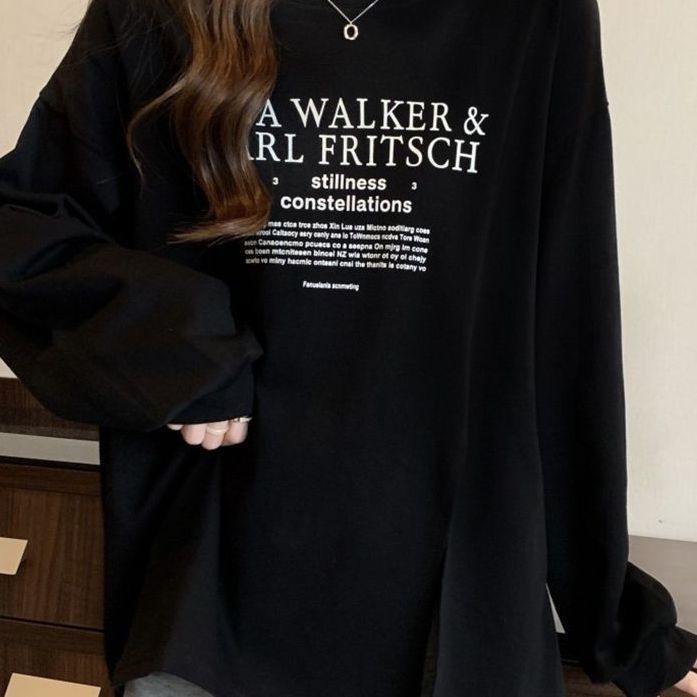 スリット長袖 Tシャツ女性のスウェットシャツ秋と冬の新しいルーズ痩身不規則なミッドレングスボトミングシャツトップ女性のための|undefined