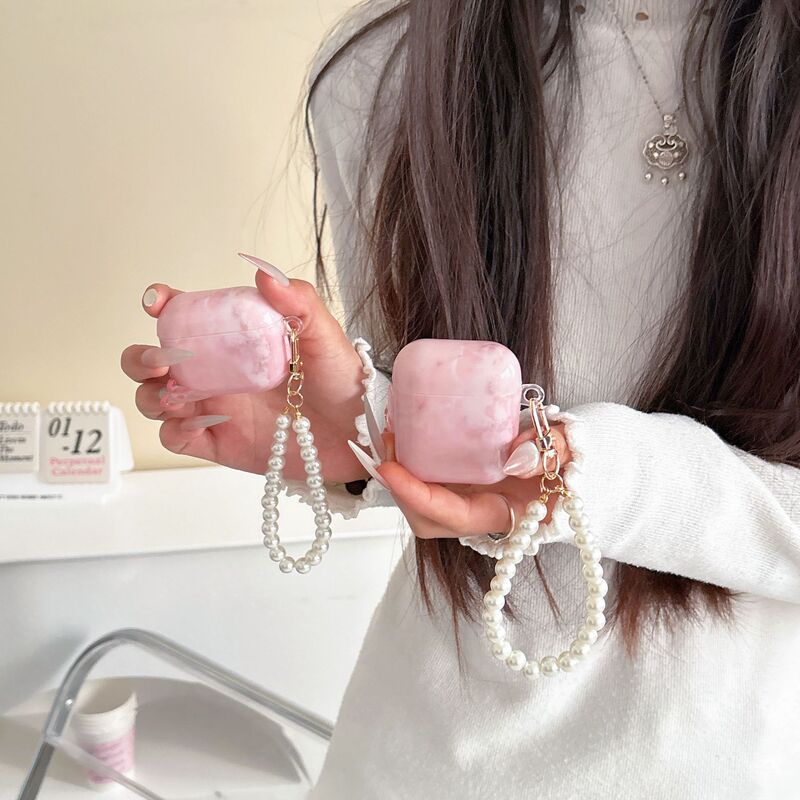 Han Feng Pink Marble airpods 4/3 Protective Case Pro2 Wireless Bluetooth 1/2 Generation Earphone Case Hanging Chain