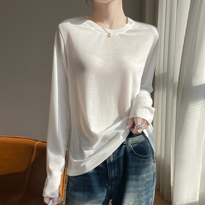 2025 Spring and Summer New Tencel Lyocell Crewneck Sweater Long Sleeve Thin Solid Color Simple Pullover Base Shirt