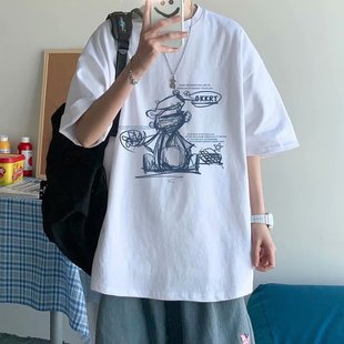 Short-sleeved T-shirt Puppet Print Half-sleeved Men's Summer Fashionable Brand Loose Student T-shirt Fashionable Handsome Casual Top