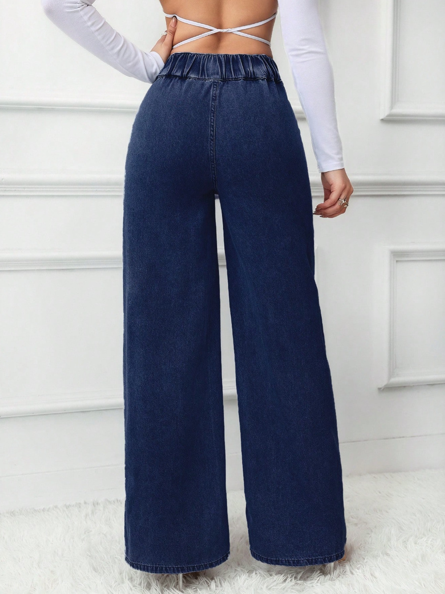 Högmidjade jeans med raka ben för damer med dubbla knappar_voghion.com