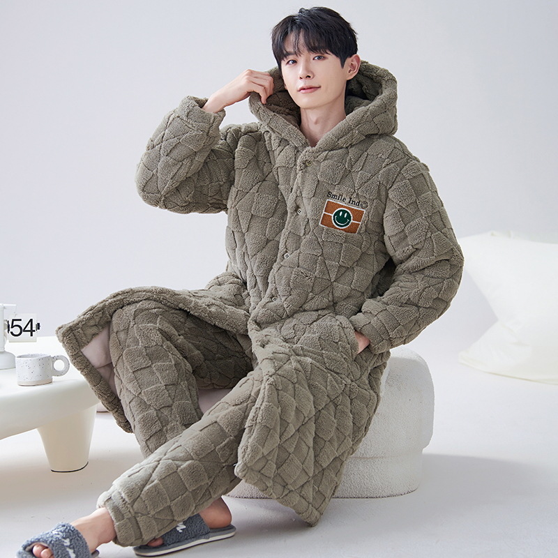 Pijamas de invierno para hombre 2024, bata acolchada de tres capas de longitud media, forro polar coral cálido con capucha, informal y grueso para uso exterior
