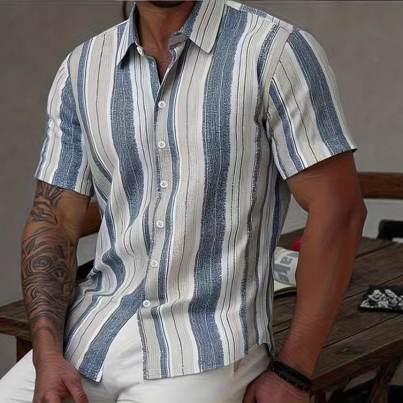 Men's Shirts European and American Amazon Summer New Style Striped Short-Sleeved Shirts with Lapels Youth Large Size Casual Shirts for Men