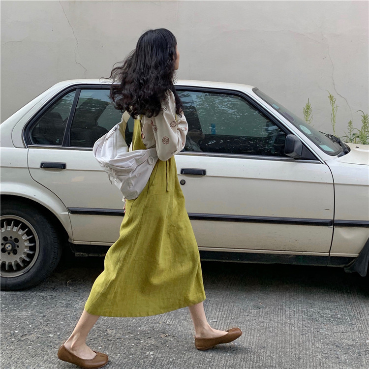 25S Very White Lemon Yellow and Green Suspender Skirt, Comfortable Texture, Linen and Cotton Japanese Style Loose Style, Versatile
