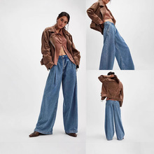 欧美新款水洗早秋百搭休闲复古宽松阔腿拖地牛仔裤