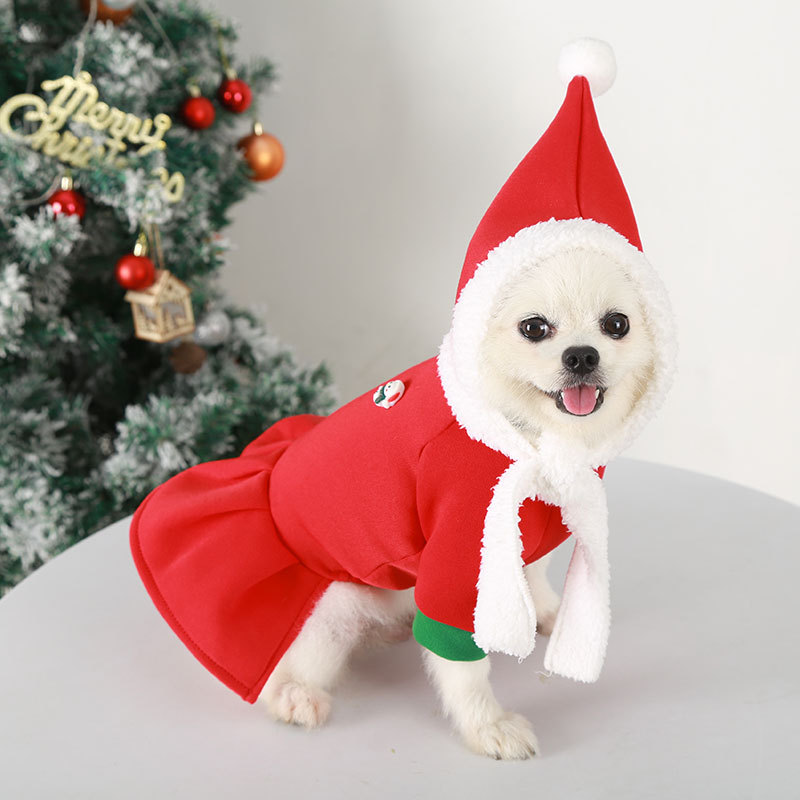 Navidad perro gato mascota ropa caliente sombrero de terciopelo pareja traje Otoño e Invierno peluche francés cubo bomei suministros