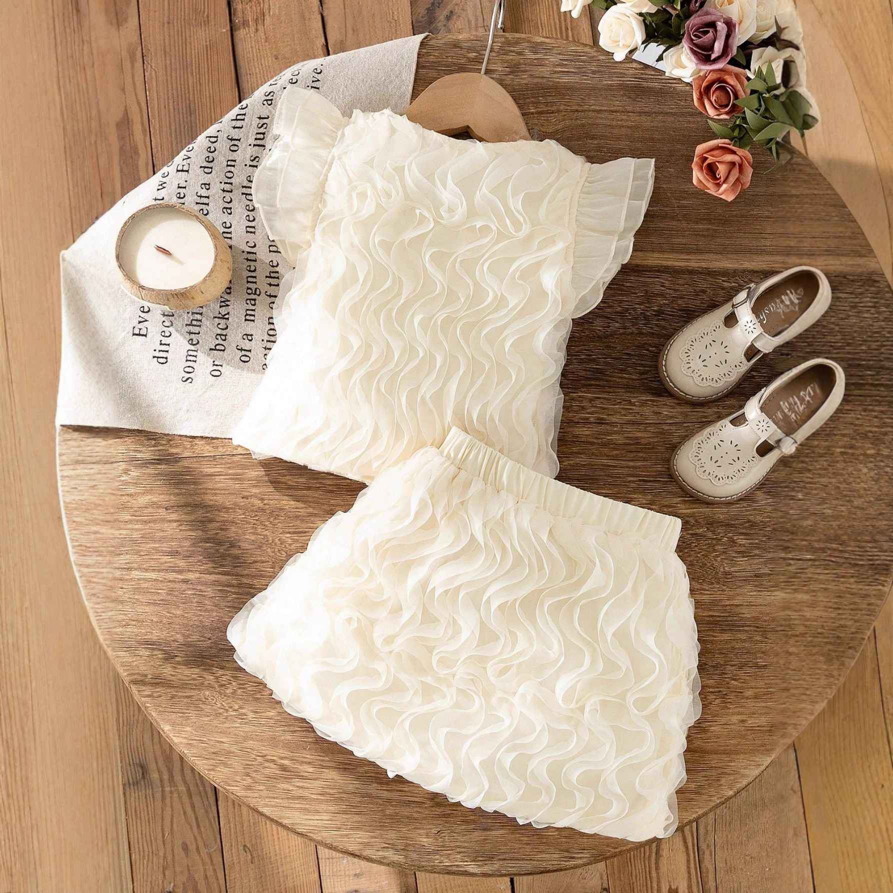 2025 Spring Cross-Border European and American Girls' Apricot-Colored Wavy Flutter-Sleeve Top and Short Skirt Set, Exclusively for Cross-Border Sales