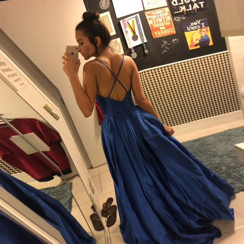 Europeo y americano Comercio exterior Amazon AliExpress deseo de las Mujeres Nuevo satén con cuello en V vestido de noche largo sexy vestido sin espalda