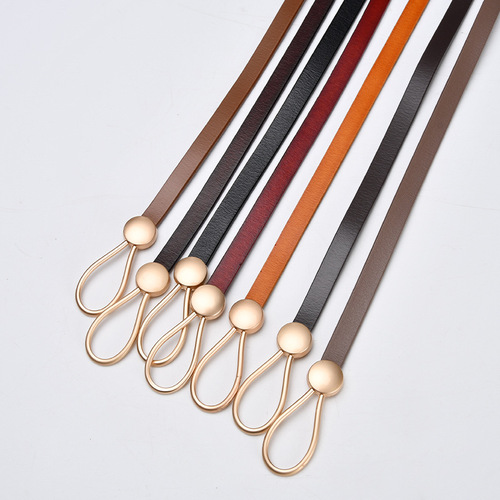 Cowhide thin belt for women genuine leather versatile knotted water drop buckle decorative belt Korean style fashion multi-color belt wholesale