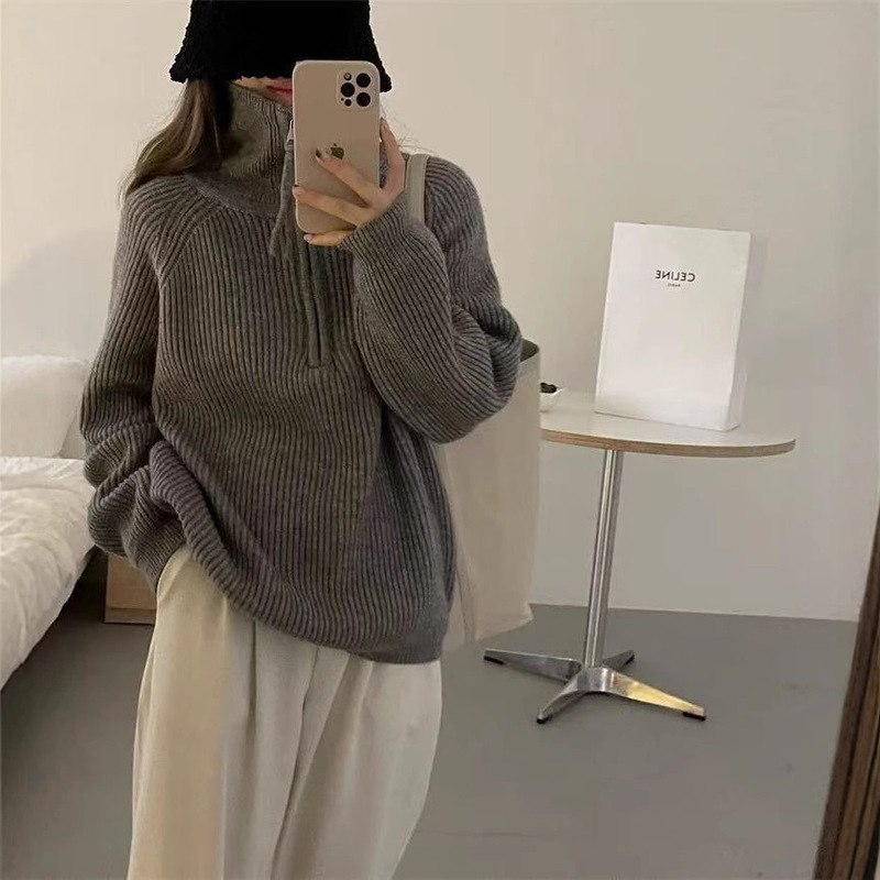 半拉链高领毛衣女秋冬季宽松韩版慵懒风外穿套衫软糯针织衫上衣女|undefined
