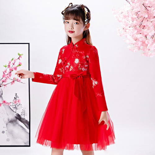 Girls red lace new year Qipao Dress Chinese Fairy Hanfu Tang suit for kids cheongsam winter new year princess dress for children