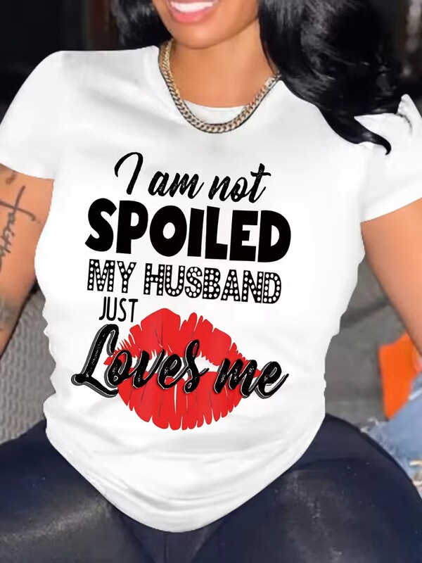 Funny Spoiled Wife T-Shirt for Women, Red Lip Graphic T-Shirt, My Husband Loves Me Letter Print Summer Funny Spoiled Wife T-Shirt for Women, Red Lip Graphic T-Shirt, My Husband Loves Me Letter Print Summer