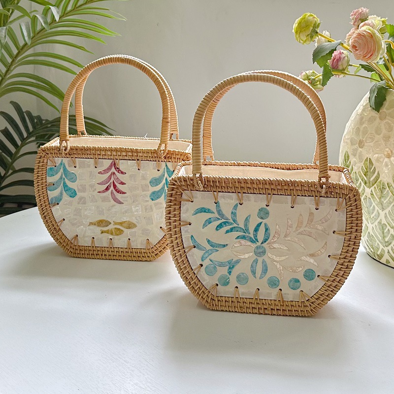 Flower Pattern Women's Medium Straw Flower Vintage Style Beach Weave String Straw Bag
